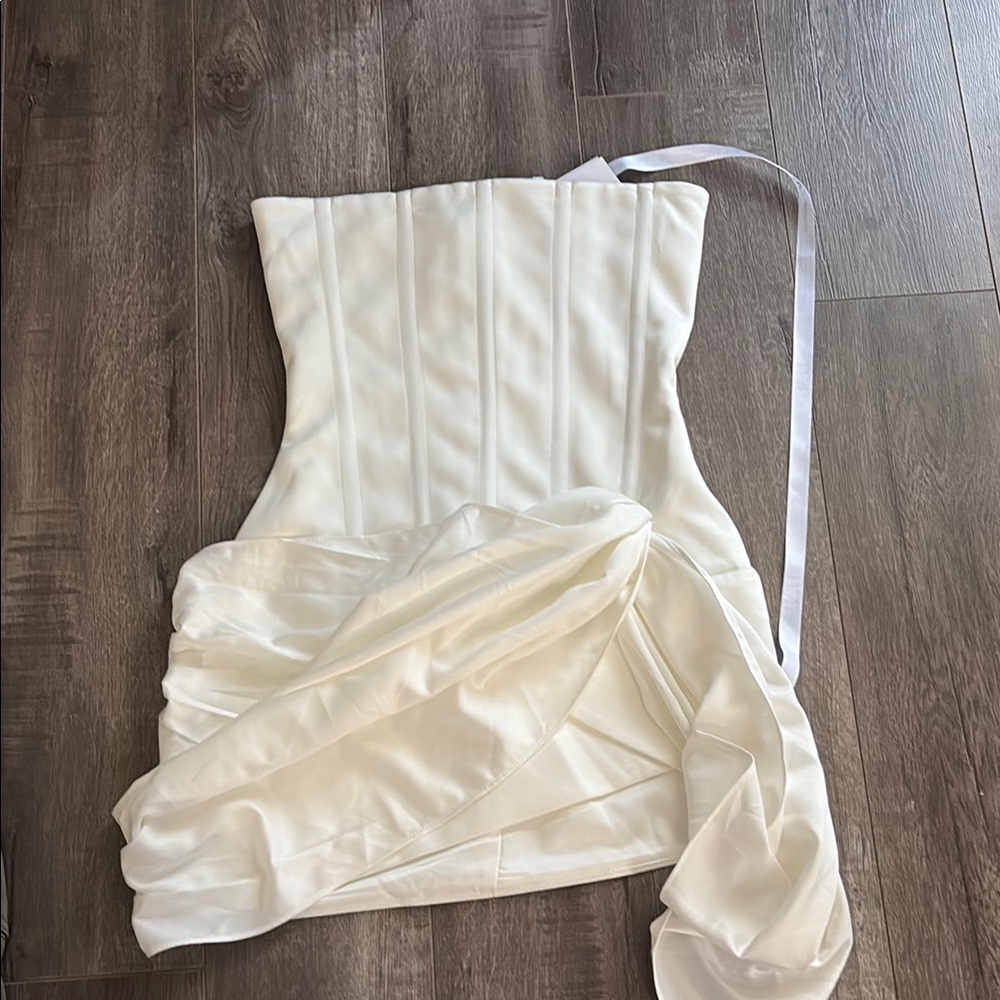 Cream Asymmetrical Ruched Strapless Dress